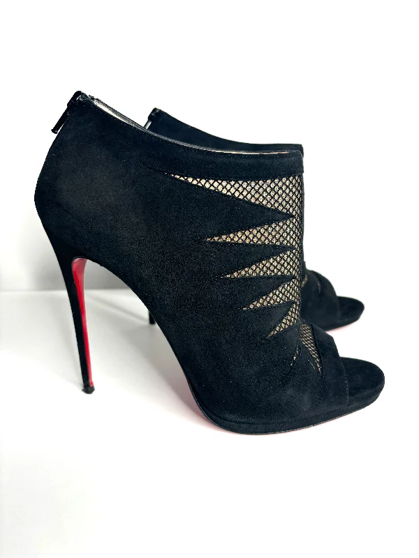 Christian Louboutin Disorder Black Suede Mesh Peep-Toe Booties 41.5 UK8.5