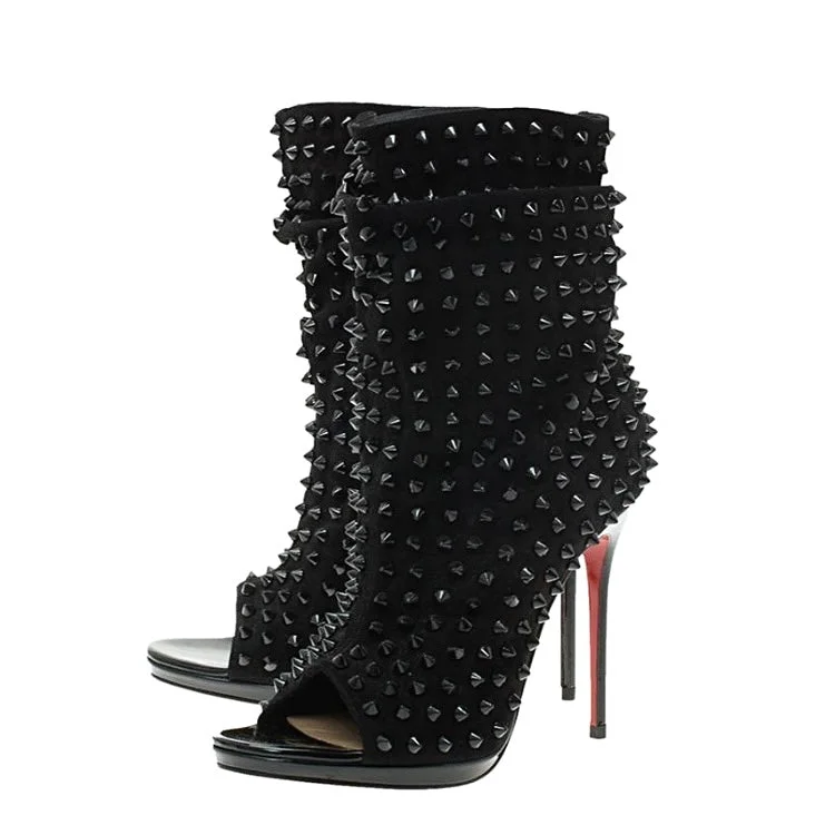 Christian Louboutin Guerilla 100 Black Suede Spike Open Toe Bootie Heels 37 UK 4