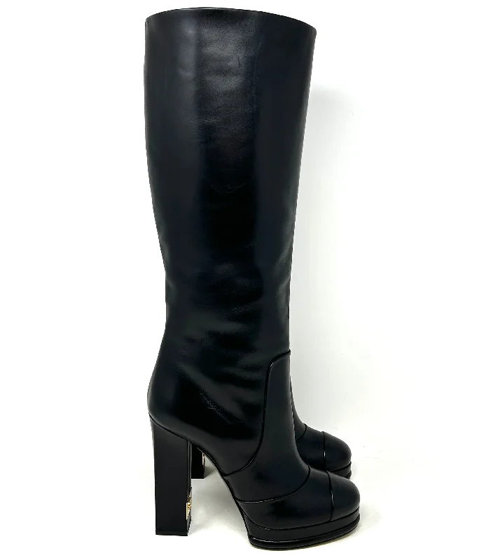 Chanel Black Leather Knee High Block Heel Pull On Boots Small 39 UK 6