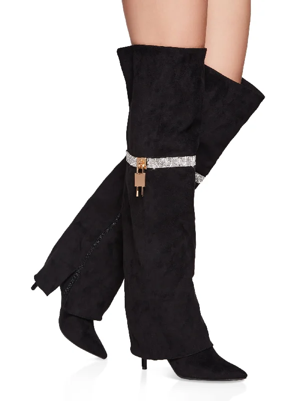 Rhinestone Lock Fold Over the Knee Boots