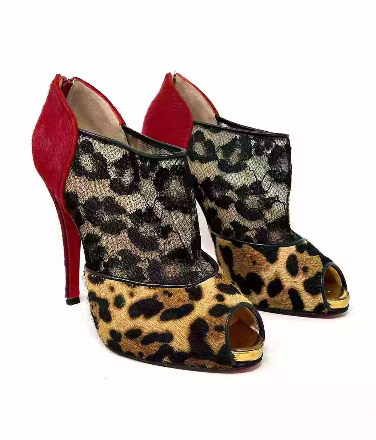 Christian Louboutin Aeronotoc 120 Leopard Calfskin Lace Peep-toe booties 38.5 UK5.5