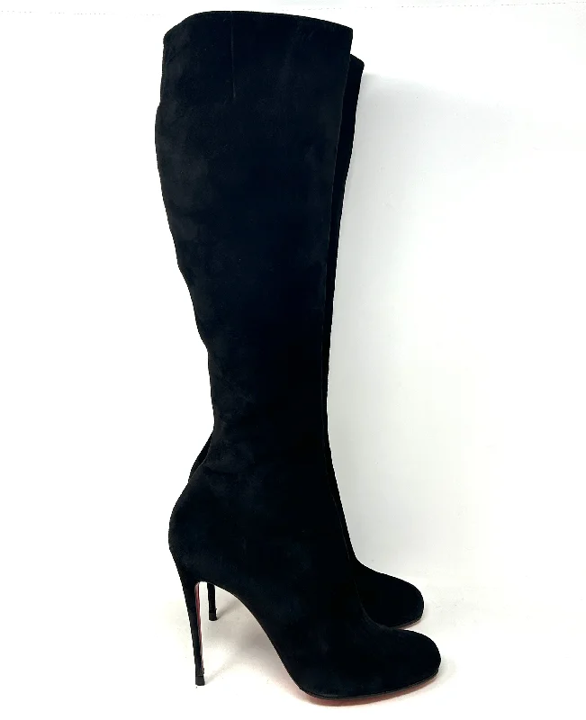 Christian Louboutin Black Suede Knee High Zip Heel Boots 39 UK 6