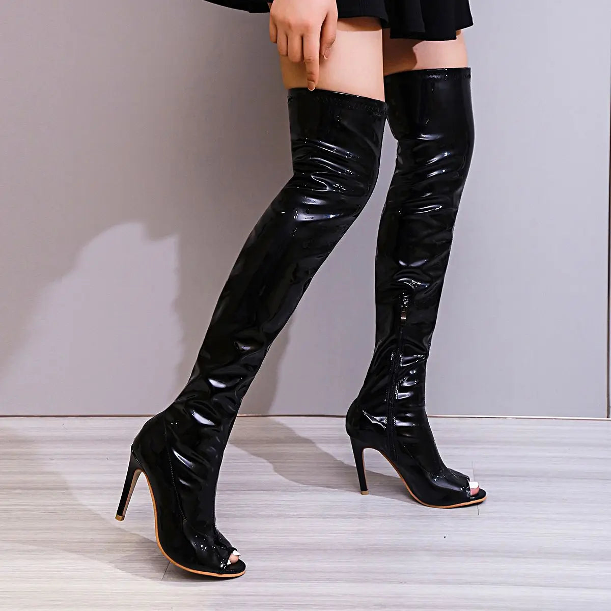 Patent Leather Over The Knee Peep Toe Boots