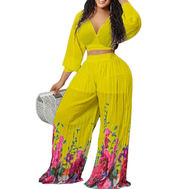 D273 2023 New Arrivals Floral Printed Pleated Pants Set Women Sexy V Neck Blouse And Wide Leg Pants Vacation Outfits