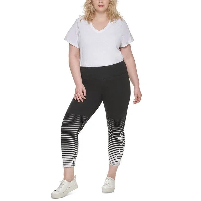 Calvin Klein Women's Performance Stretch Pocketed Length Quick Dry Striped Active Wear High Waist Leggings Black Size 3X