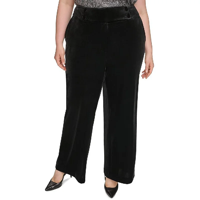 Calvin Klein Womens Plus Whitney Velvet Mid Rise Wide Leg Pants