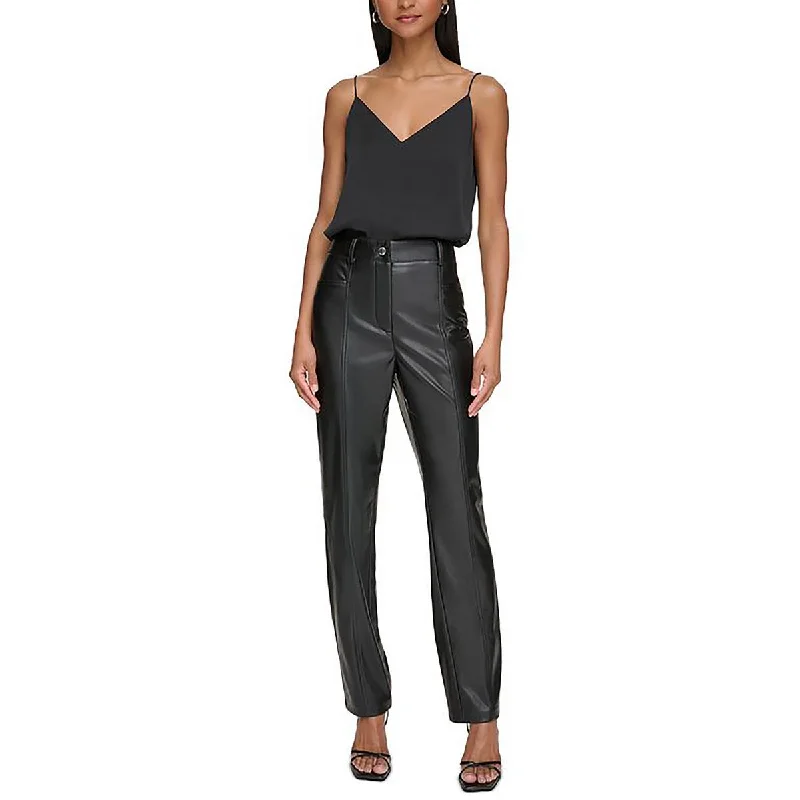 Calvin Klein Womens Faux Leather High-Rise Straight Leg Pants