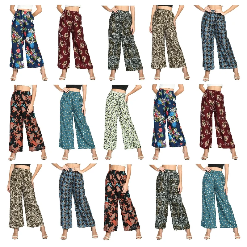 Ladies Soft Cotton Blended Wide Leg Comfort Printed Pants 2Pack Adjustable Waist