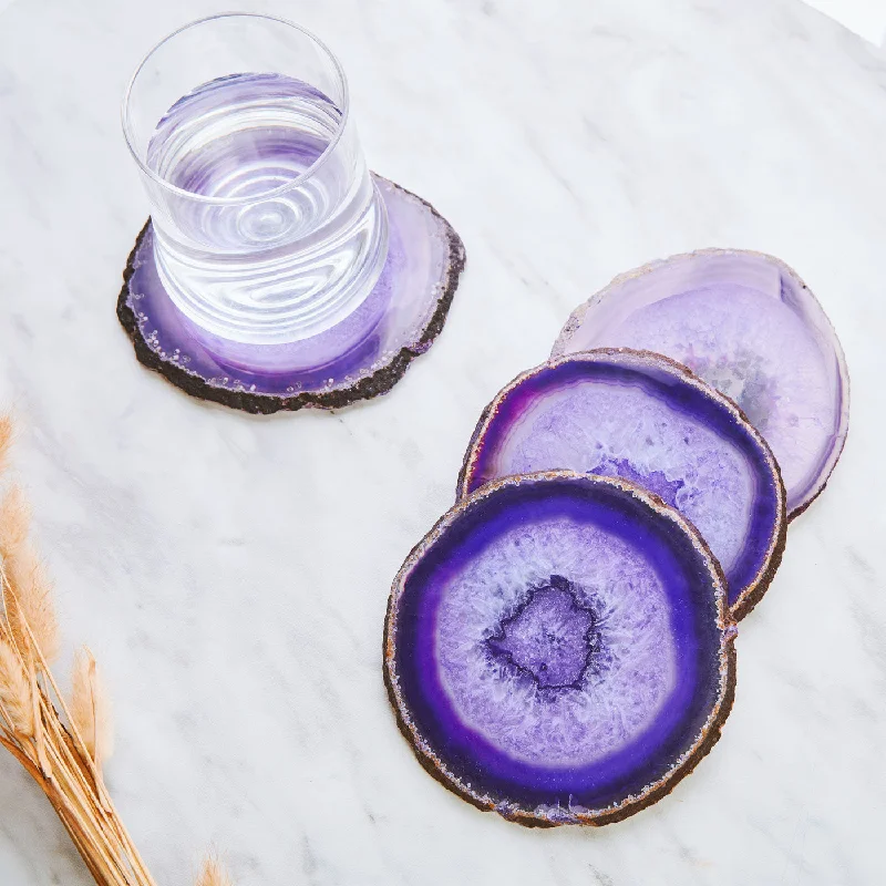 Set of 4 Natural Brazilian Agate Drink Coasters with Wood Holder - Amethyst