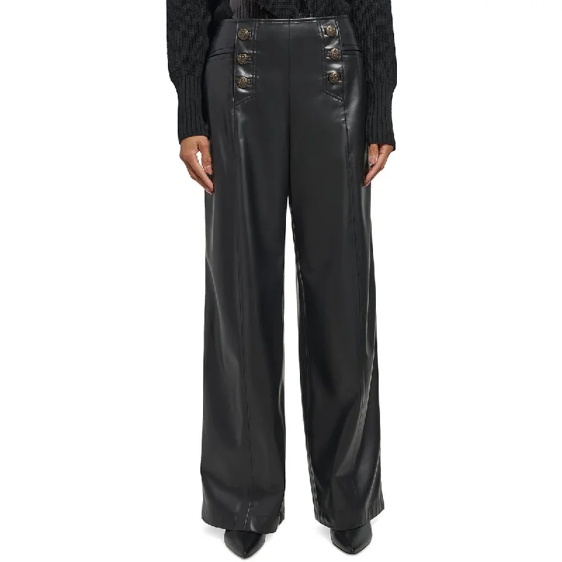 Karl Lagerfeld Paris Womens Faux Leather Wide Leg Pants