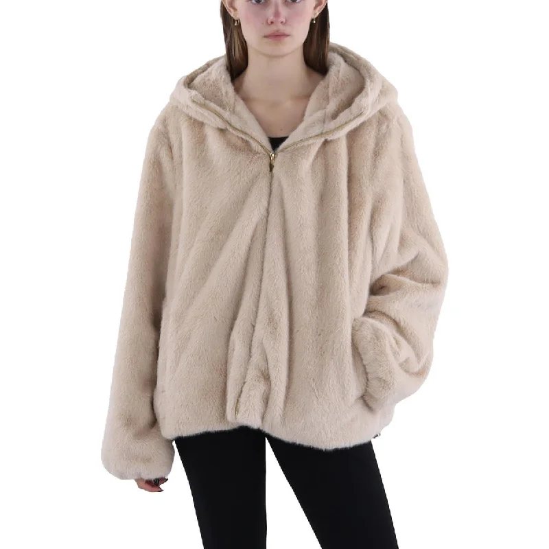 Via Spiga Womens Faux Fur Hooded Faux Fur Coat