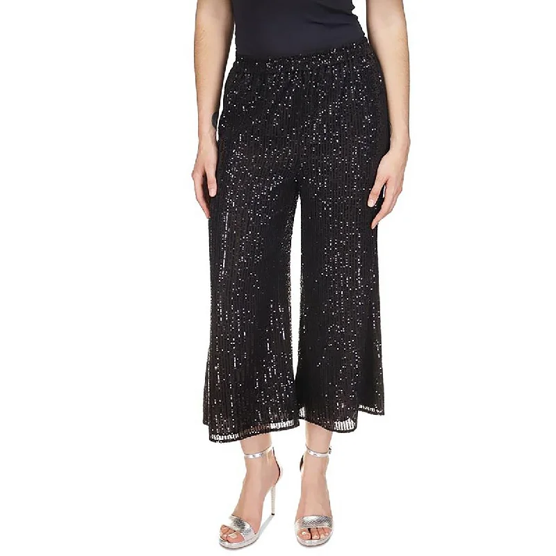 MICHAEL Michael Kors Womens Petites Sequined Wide Leg Cropped Pants