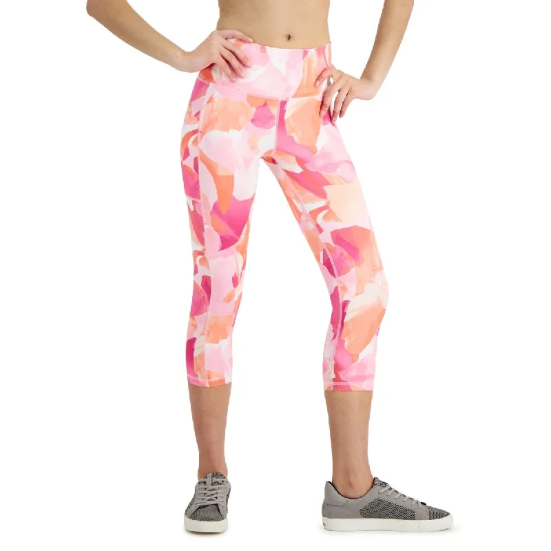 Id Ideology Women's Compression Petal Print Side Pocket Cropped Leggings Pink Size Small