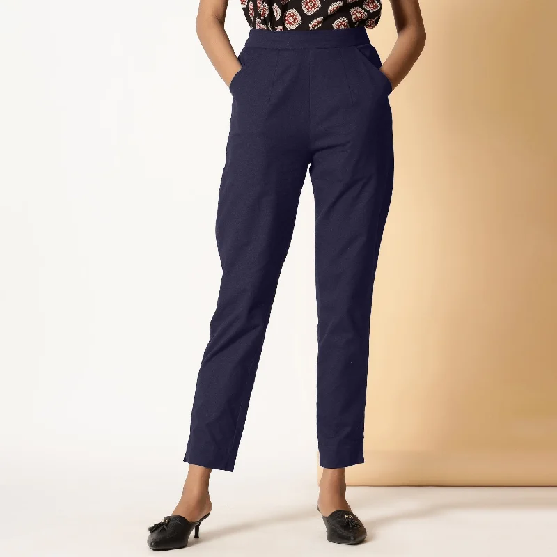 Navy Blue Cotton Flax Elasticated High-Rise Tapered Pant