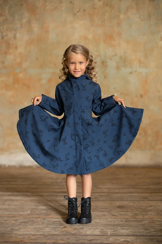 Dark Blue Coat with Floral Print for Girls | 'Blue Frost'