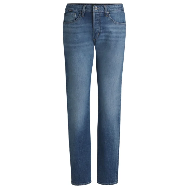 Straight-fit jeans in faded-blue comfort-stretch denim