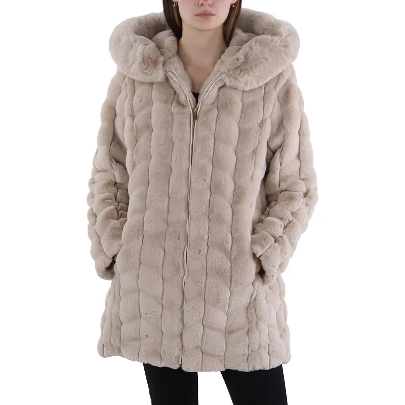 Via Spiga Womens Faux Fur Hooded Faux Fur Coat