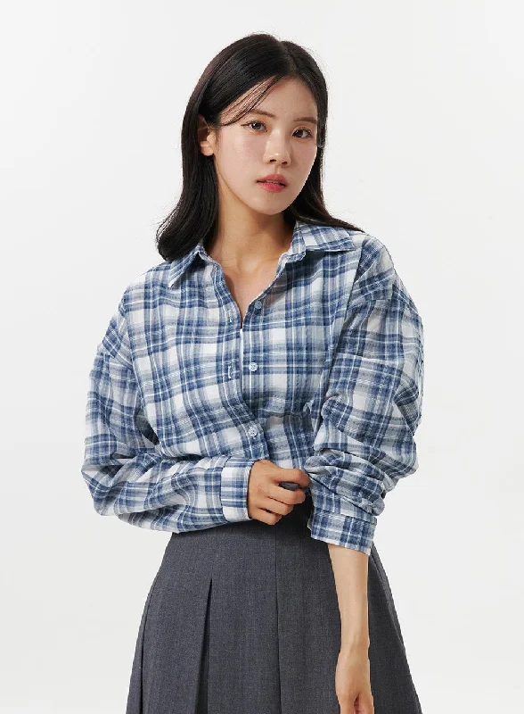 Collar Plaid Pocket Long Sleeve Blouse OO312