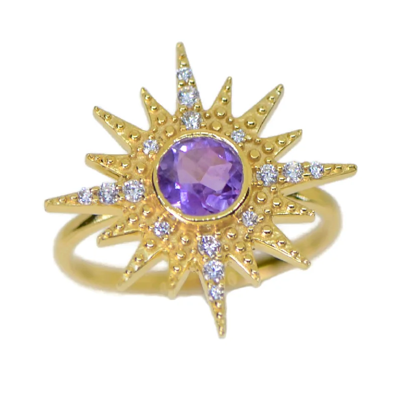 14k Gold Plated Sterling Silver Amethyst Sun Ring