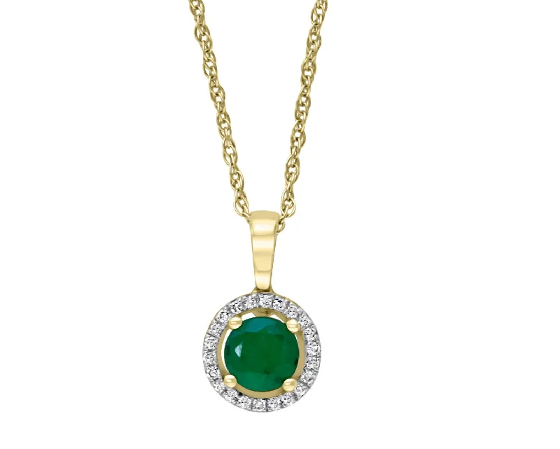 14K Yellow Gold 0.50ctw Round Emerald & Diamond Halo Necklace