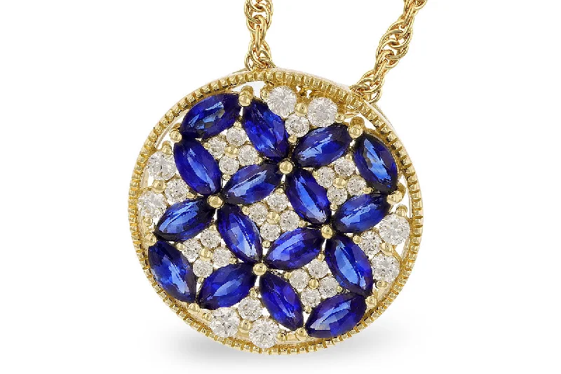 14K Yellow Gold 1.95ctw Blue Sapphire & Diamond Floral Medallion Necklace by Allison Kaufman