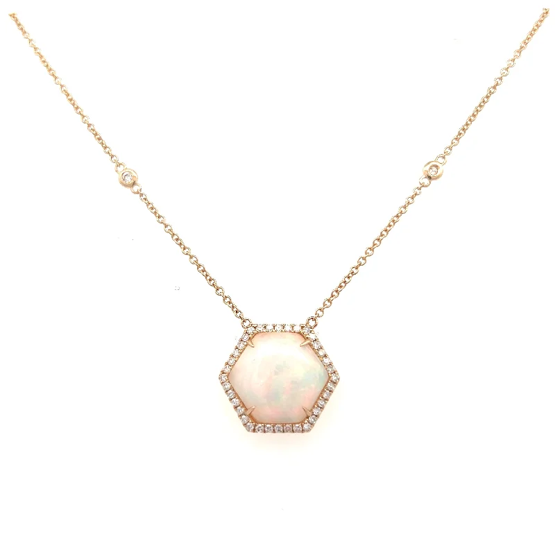 14K Yellow Gold 4.69ctw Hexagon Opal & Diamond Halo Necklace