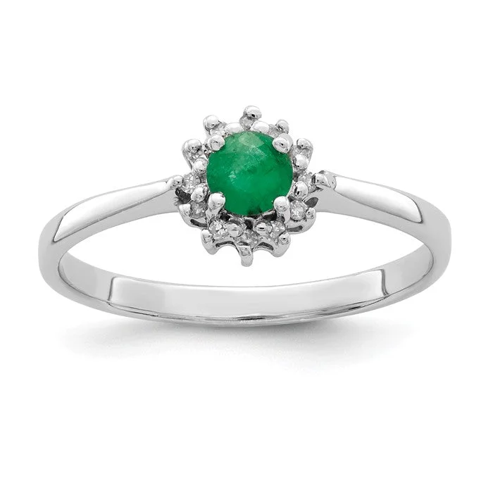 Sterling Silver 4mm Round Genuine Emerald and Diamond Halo Ring