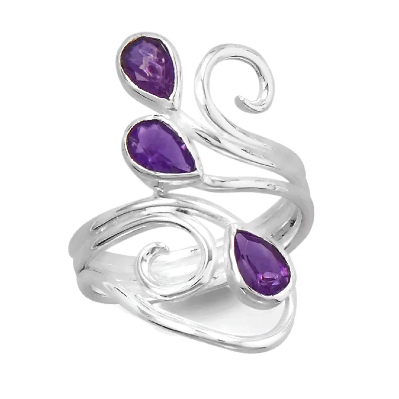 Sterling Silver Pear Amethyst Scroll Design Ring