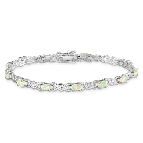 Sterling Silver White Created Opal And CZ 7" Bracelet