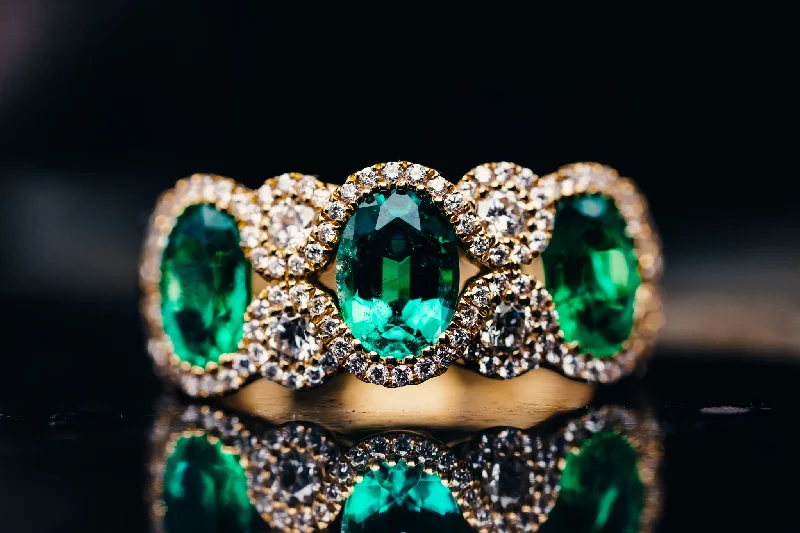 18k Yellow Gold 3 Oval Emerald and Diamond Ring