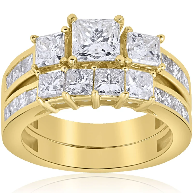 3 1/2ct Side Stone Diamond Ring Set 14K Yellow Gold