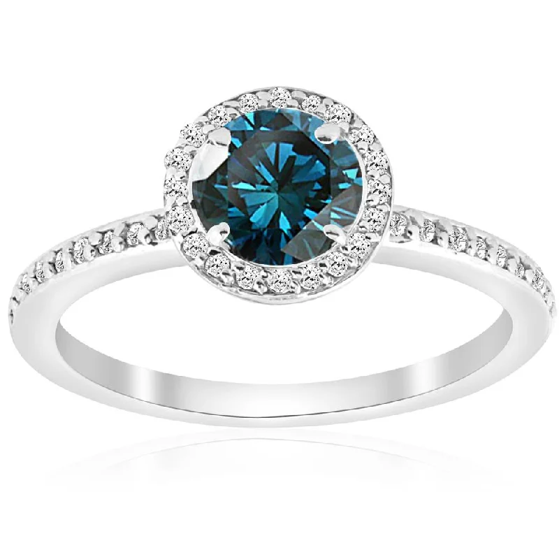 3/4ct Blue Diamond Halo Ring 14K White Gold