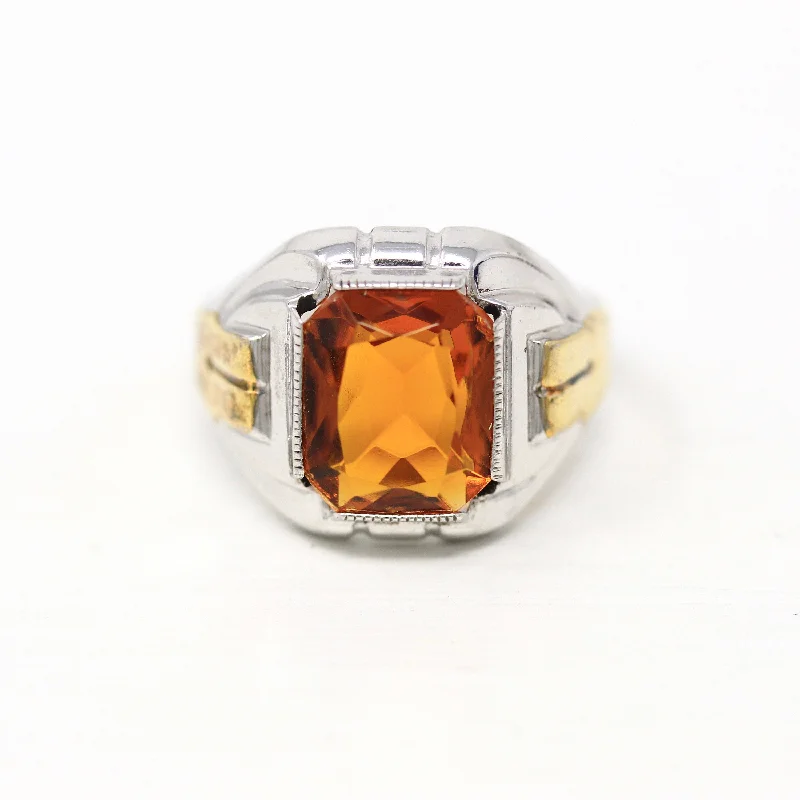 Sale - Art Deco Ring - Vintage Sterling Silver Emerald Cut Simulated Citrine Orange Glass Stone - 1930s Era Size 11 1/4 Ostby Barton Jewelry