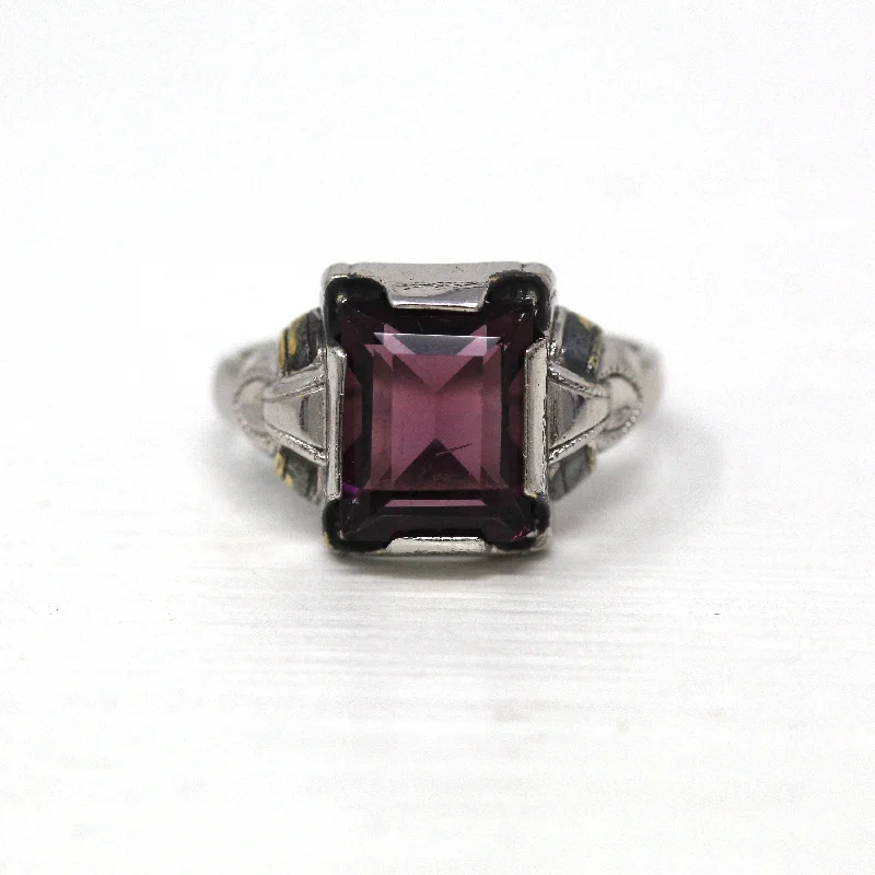 Sale - Art Deco Ring - Vintage Sterling Silver Emerald Cut Simulated Amethyst Purple Glass Stone - 1930s Size 5 3/4 Ostby Barton Jewelry