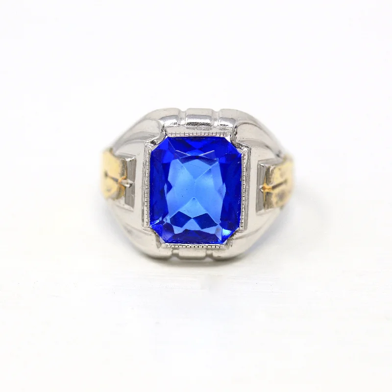 Sale - Art Deco Ring - Vintage Sterling Silver Emerald Cut Simulated Sapphire Blue Glass Stone - 1930s Size 10 1/2 Ostby & Barton Jewelry