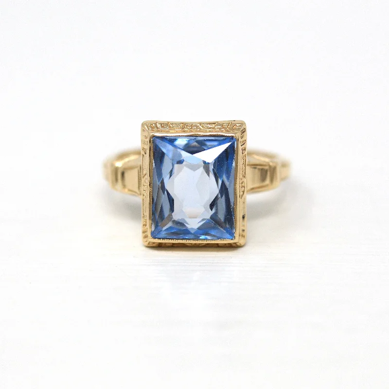 Sale - Created Spinel Ring - Retro 10k Yellow Gold Rectangular Faceted 3.24 CT Blue Stone - Vintage 1940s Size 6 Statement Cocktail Jewelry