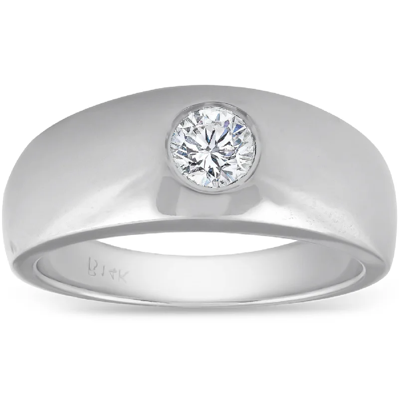 Mens 14k White Gold 1/2ct Solitaire Bezel Round Diamond Wedding Anniversary Ring