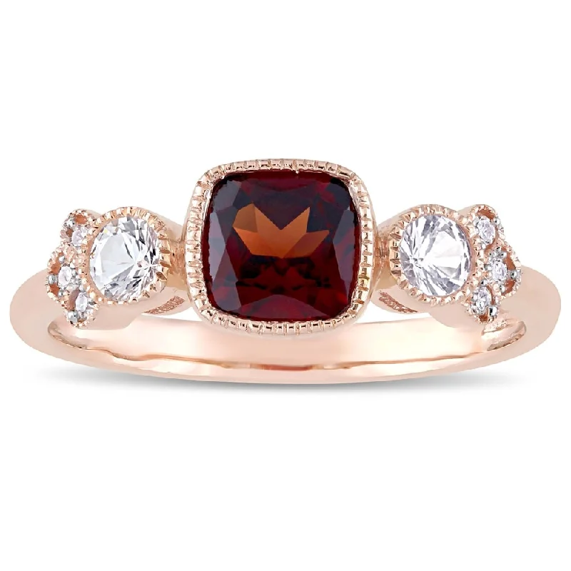 Miadora 10k Rose Gold Garnet White Sapphire and Diamond 3-Stone Ring