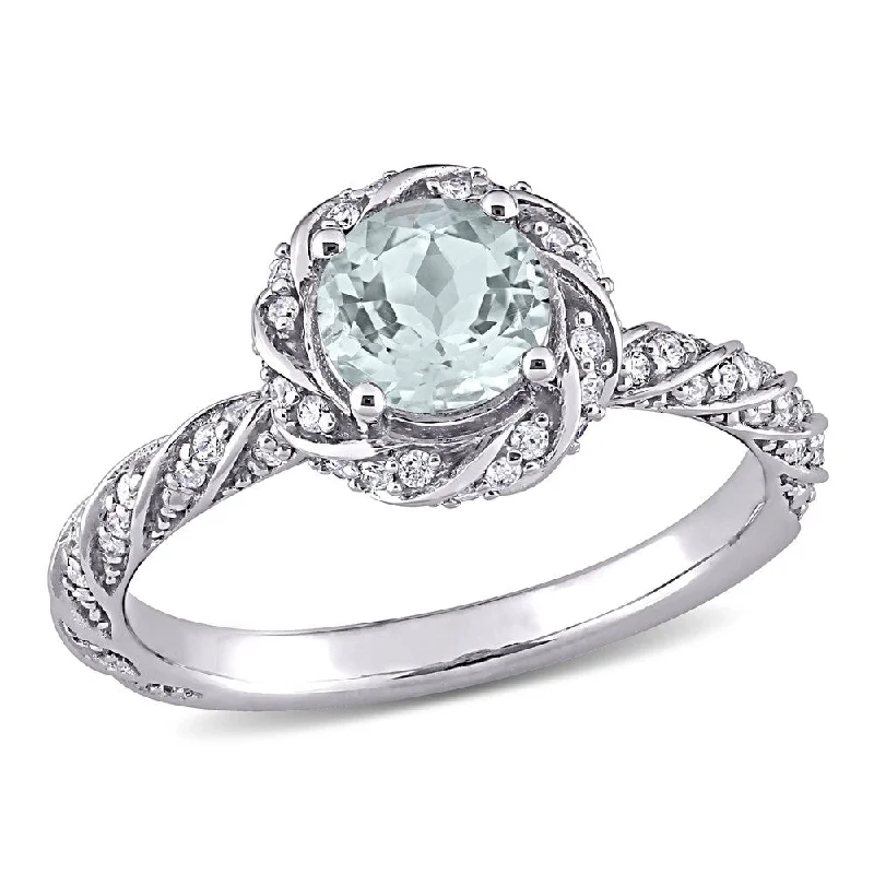 Miadora 14k White Gold Aquamarine 1/4ct TDW Diamond Swirl Halo Ring