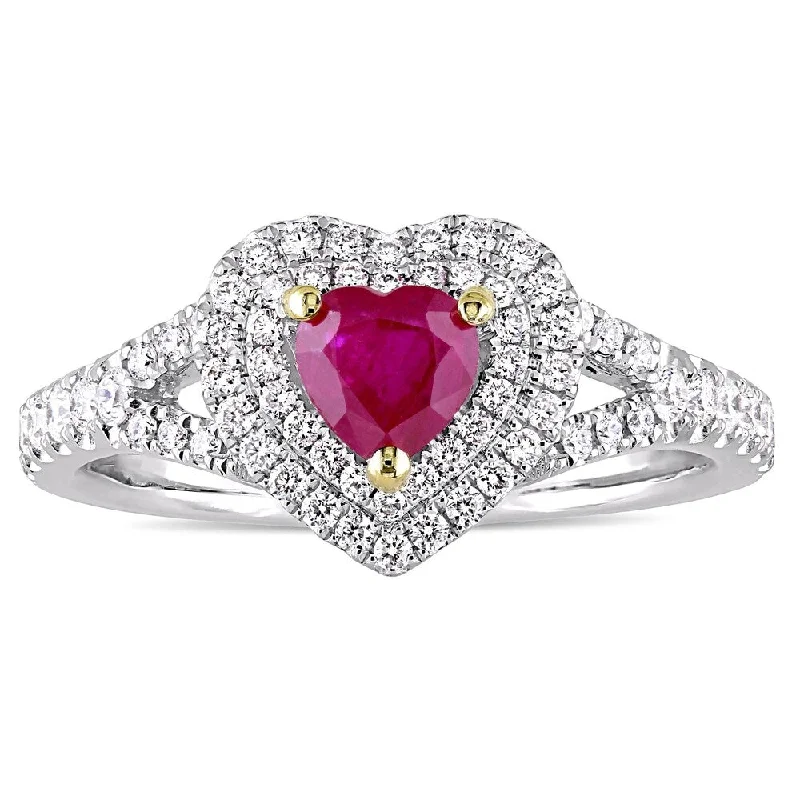 Miadora 14k White Gold with Yellow Prongs Ruby and 2/5ct TDW Diamond Heart Double Halo Ring