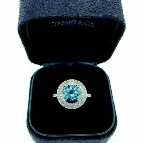 Tiffany & Co. Aquamarine and Diamond Soleste Double Halo Ring in Platinum