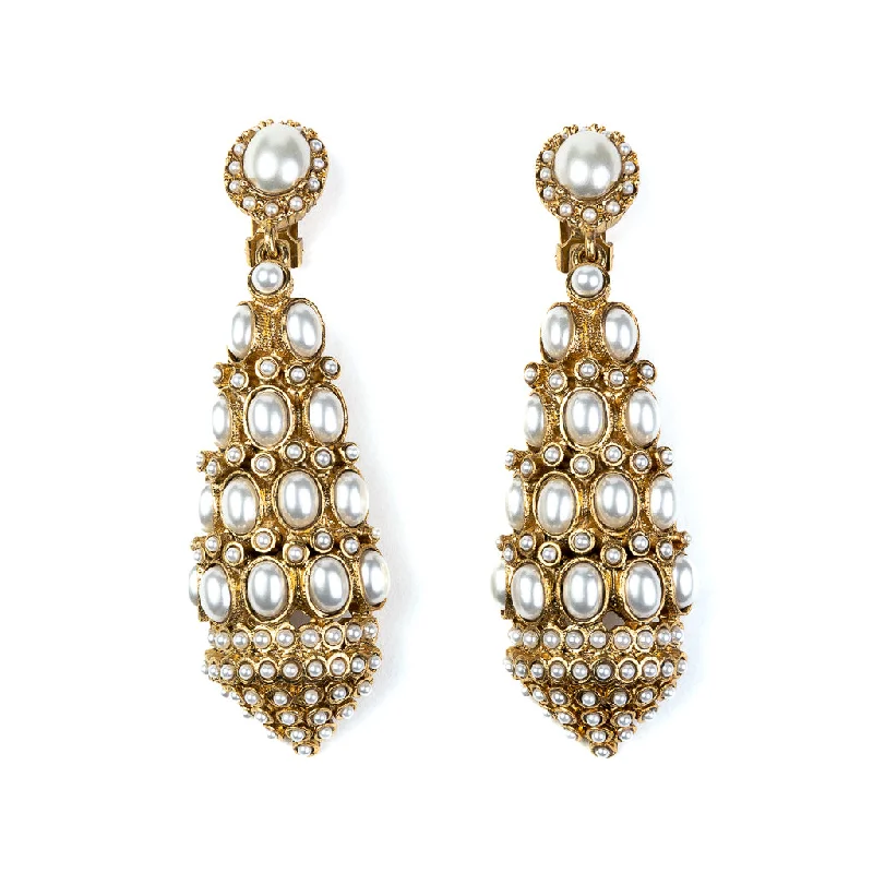 Antique Gold with Pearl Drop Clip Earrings