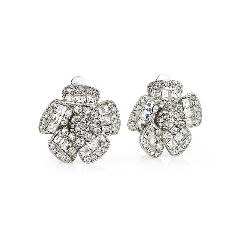 Crystal Flower Clip Earrings