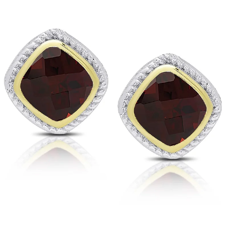 Dolce Giavonna Sterling Silver Garnet Square Stud Earrings