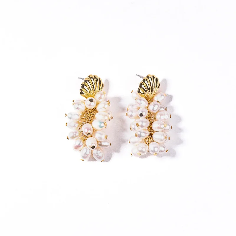 Gold Shell and White Pearl Clusters Drop Earring