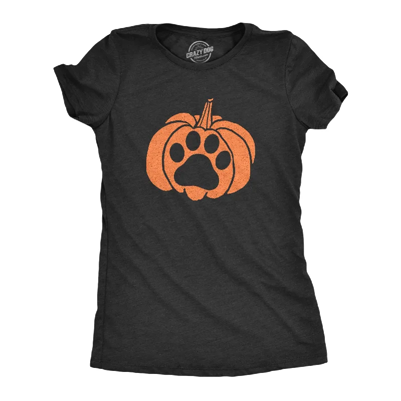 Womens Pumpkin Paw Tshirt Funny Halloween Jack-O-Lantern Pet Puppy Animal Lover Novelty Tee