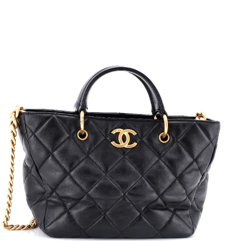 CC Top Handle Chain Shopping Tote Quilted Lambskin Small