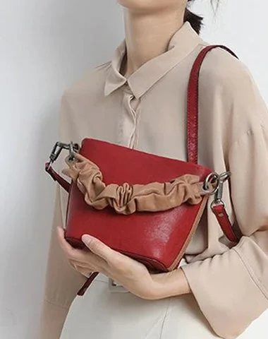 Red Cute Small Womens Leather Bucket Handbag Brown Fashion Barrel Purses for Ladies