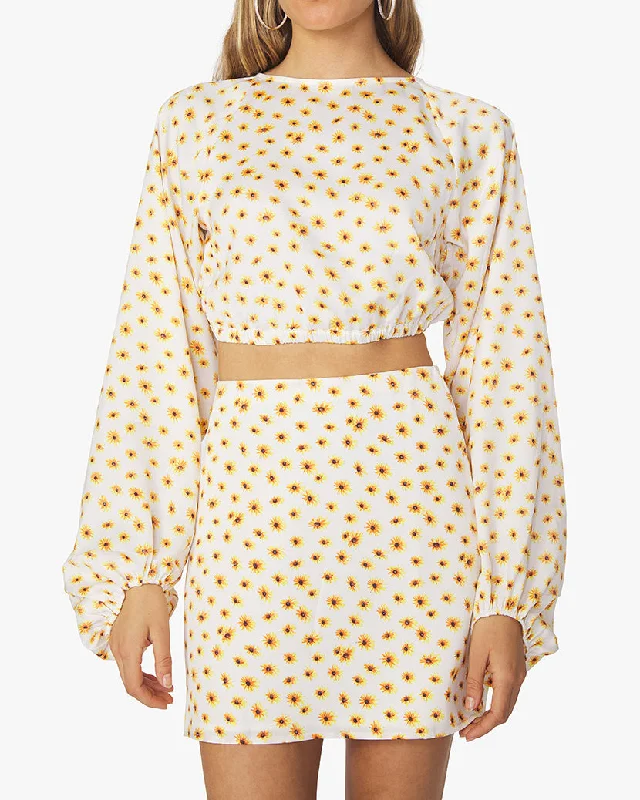 Billow Sleeve Ditsy Daisies Top | Ivory