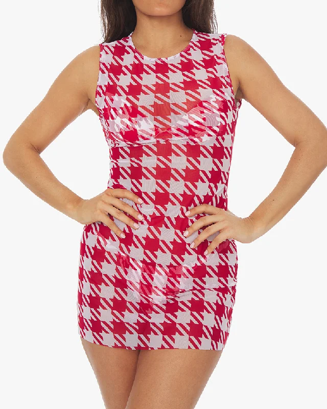 Mesh Oversized Houndstooth Muscle Tank Dress | Cherry Red White